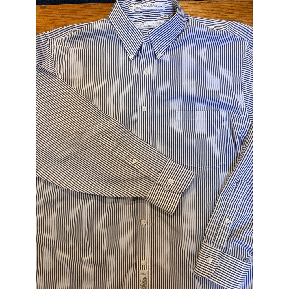 Geoffrey Beene Mens 17 34/35 Blue White Striped Pinpoint Oxford Dress Shirt USA